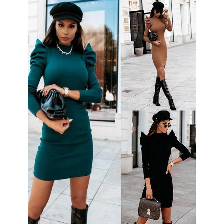 Vestido Feminino De Tricô Com Manga Bolha
