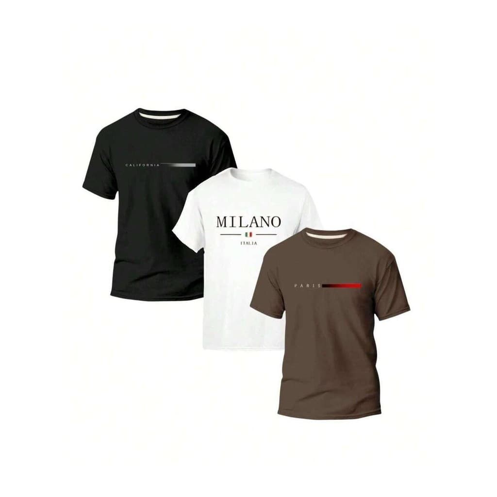 Kit 3 Camiseta Masculina Países Básica Moderna 100% Algodão California Paris Milano  Moderno Homens lançamento verão