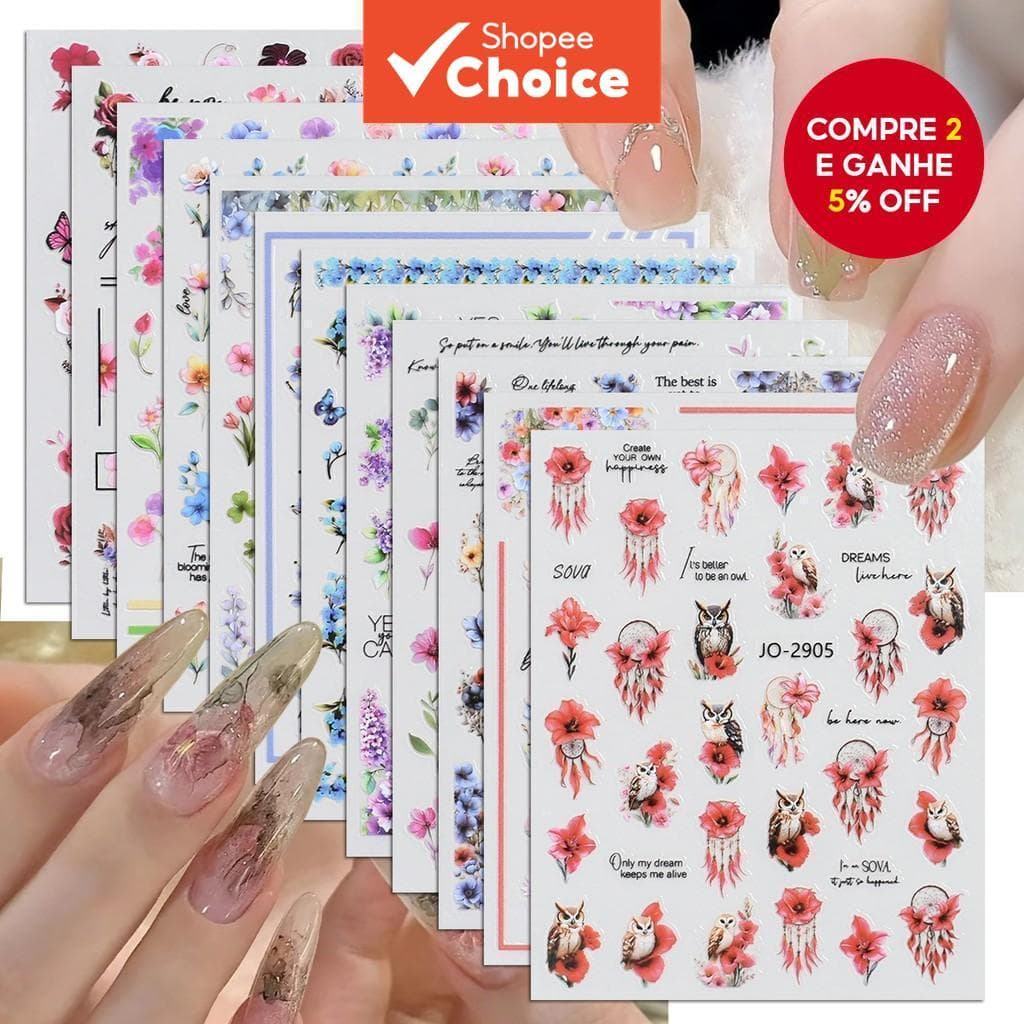 3/6/12 Folhas de Adesivos de Unhas com Flores, Pregos de Borboleta, Floral Aquarelado, Autoadesivo, Arte de Unhas de