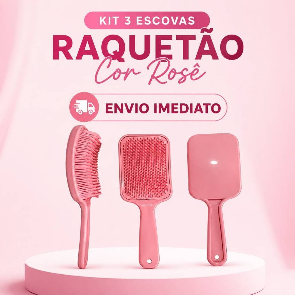 Kit 3 Escovas RAQUETÃO - ROSÊ Flex Pro Desembaraça Sem Quebrar Os Fios salão beleza