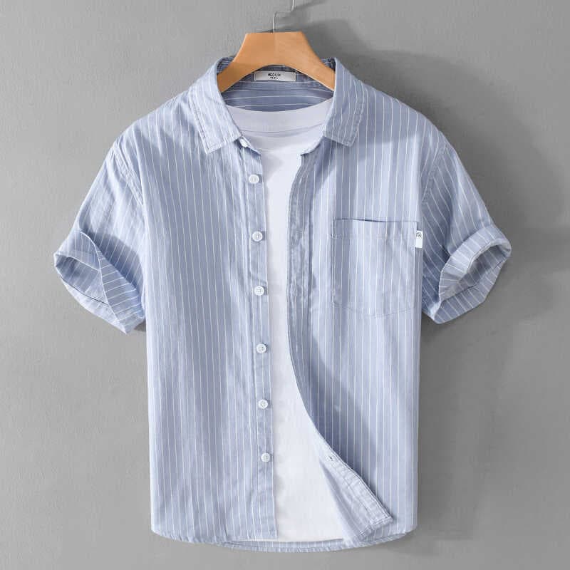 Verão puro algodão Casual listrado camisa de manga curta masculina japonês azul pequeno fresco negócios trabalho solto c