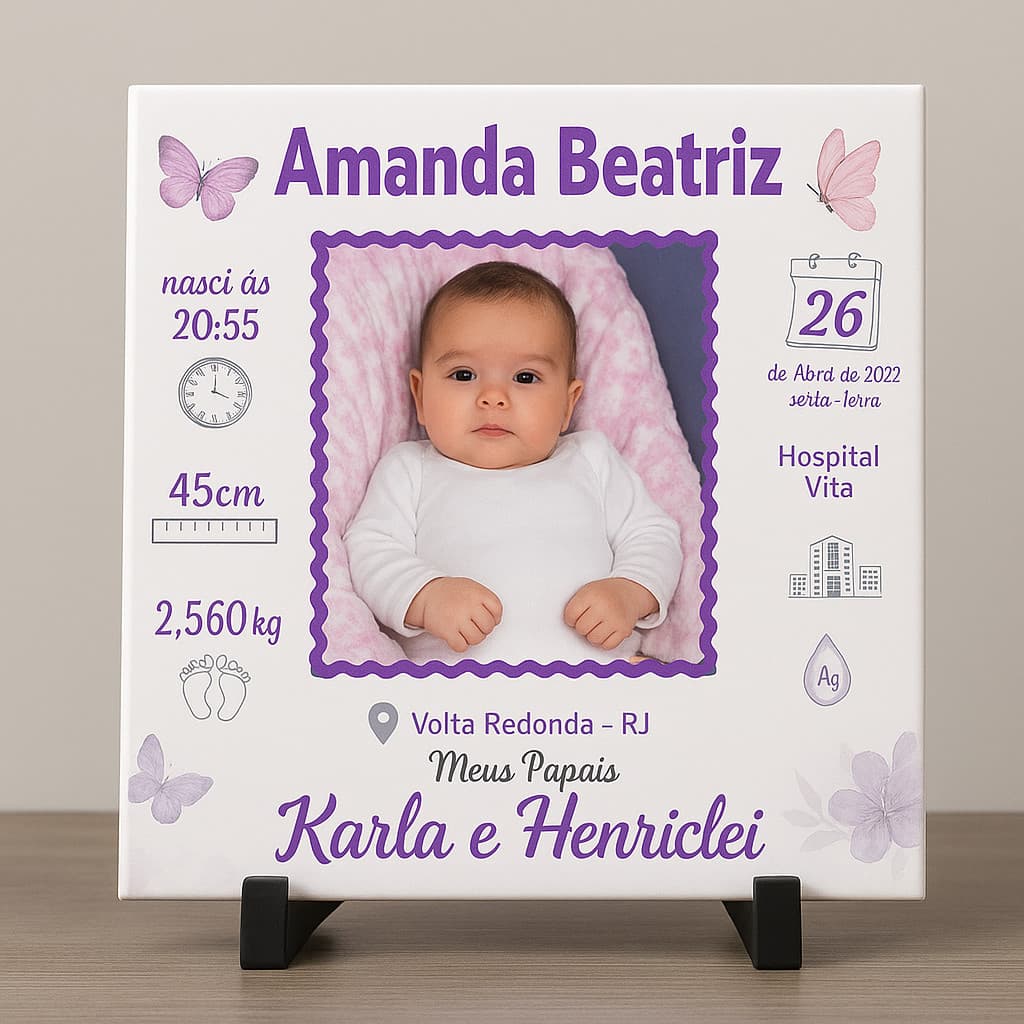 Azulejo Personalizado Nascimento Bebê | Lembrança com Foto e Dados do Nascimento - Envio Imediato