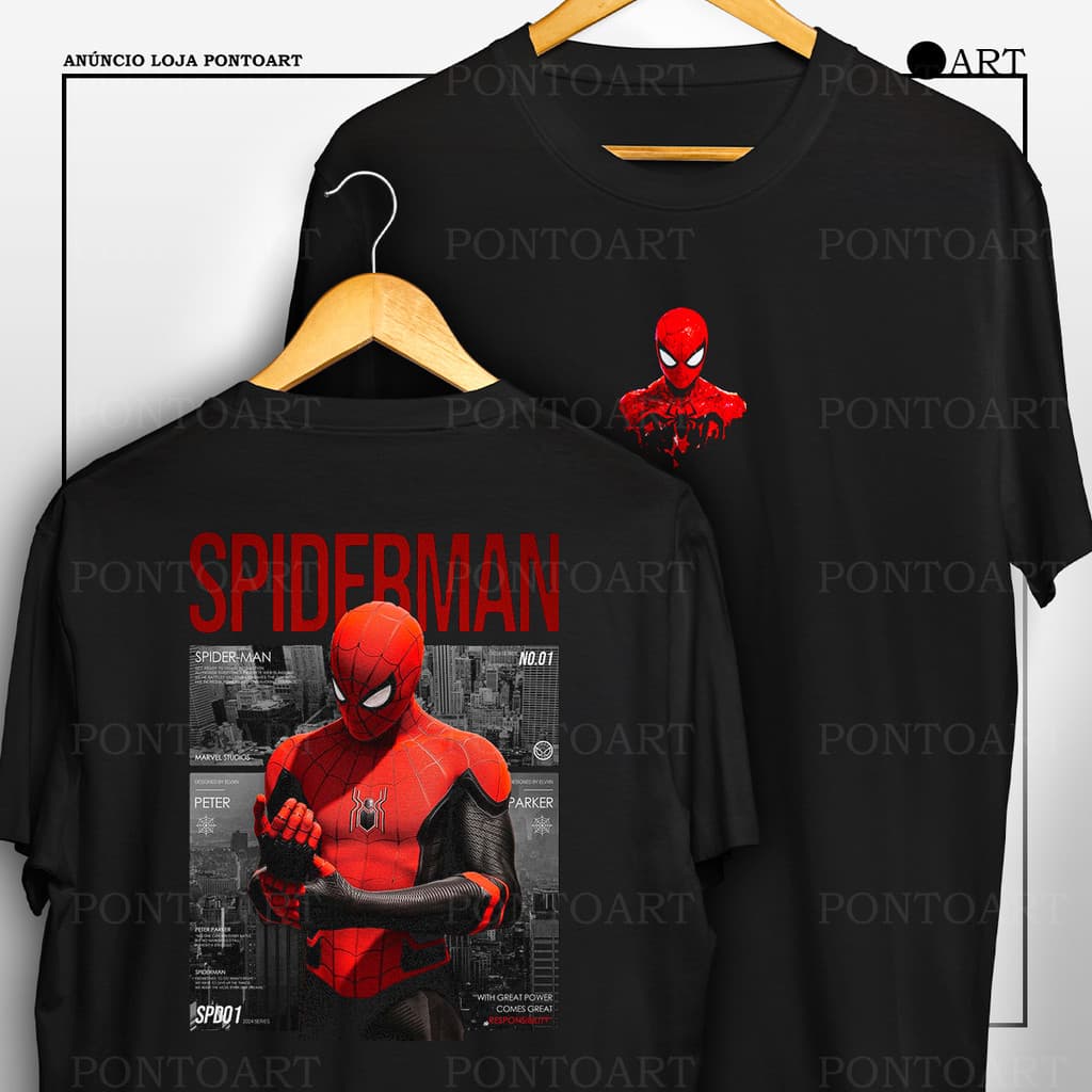 Camiseta Spidermann Marvel Homem Aranha Tom Holland Camisa Frente E Verso 100% Algodão