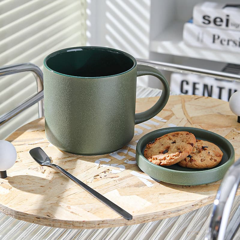 Caneca de cerâmica fosca simples nórdica com tampa, colher, escritório, café, retrô, xícara de chá, grande capacidade, c