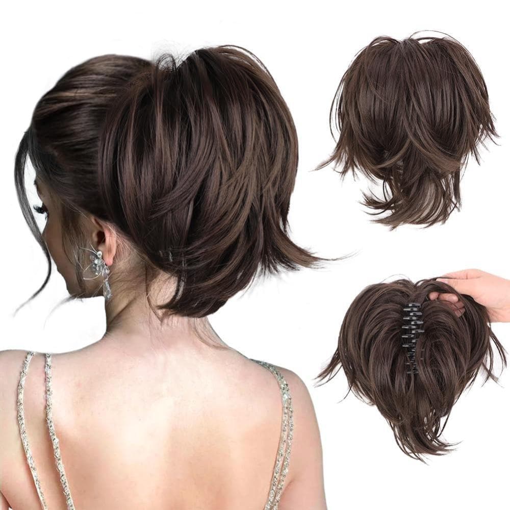 Clipe De Garra   Em Coques De Cabelo , Extensão De Rabo De Cavalo Sintético Bagunçado E Reto , Coque Alto