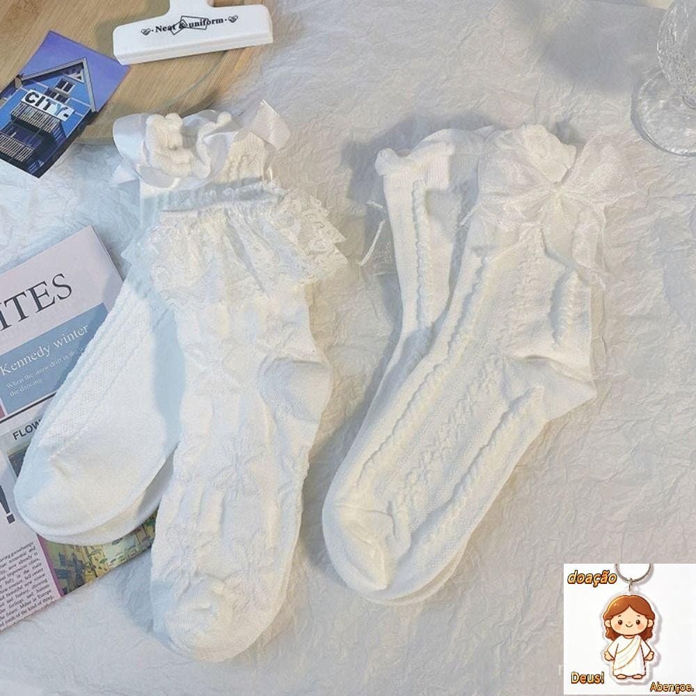 Meias de Cinta Estilo Lolita, Renda Branca JK com Laço, Sapatos Princesa Mary Jane Pretos Macios e Doces Adequados