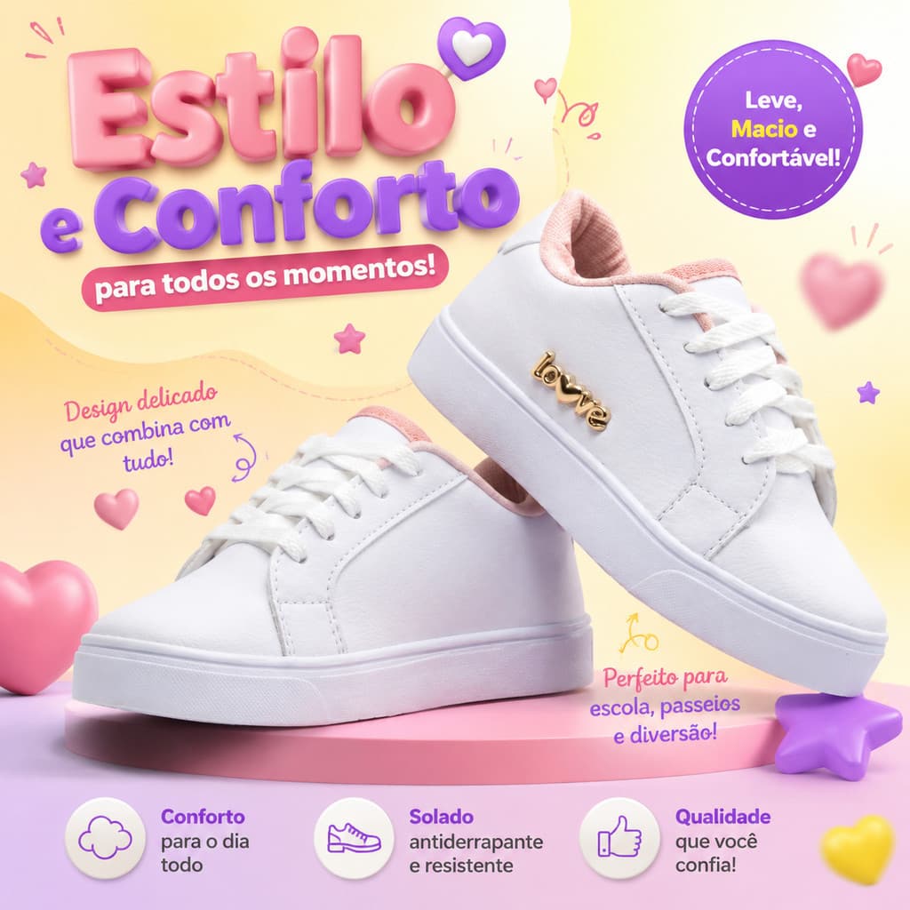 Tênis Infantil Menina Casual Confortável Com Detalhe Dourado Para Escola Passeio E Dia A Dia