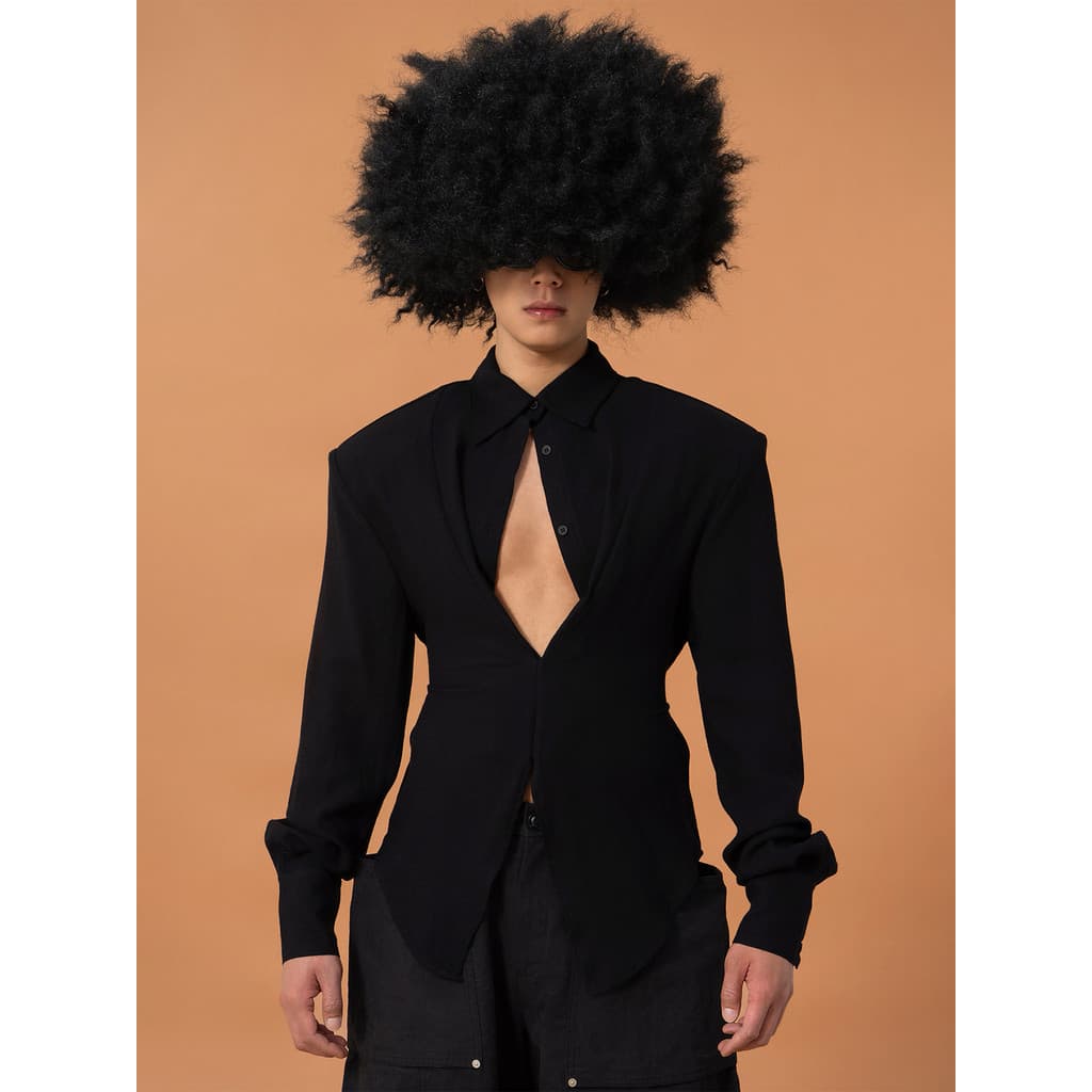 CLP Preto Tridimensional Alfaiataria V Profundo Design de Cintura Estreita Camisa de Manga Comprida Masculina Slim-fit H