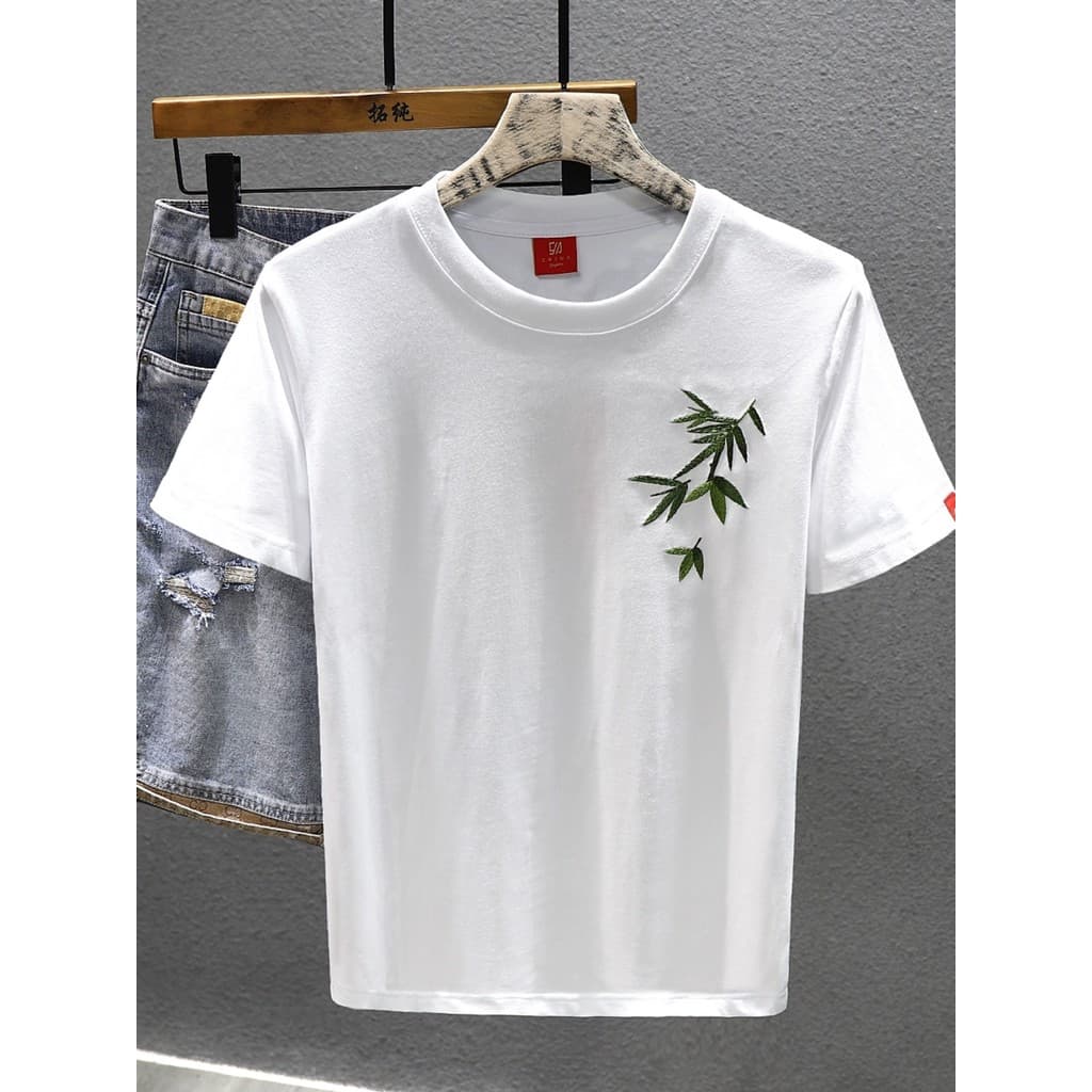 Camiseta masculina de manga curta bordada com folha de bambu na moda nacional ligeiramente solta pesada metade @-