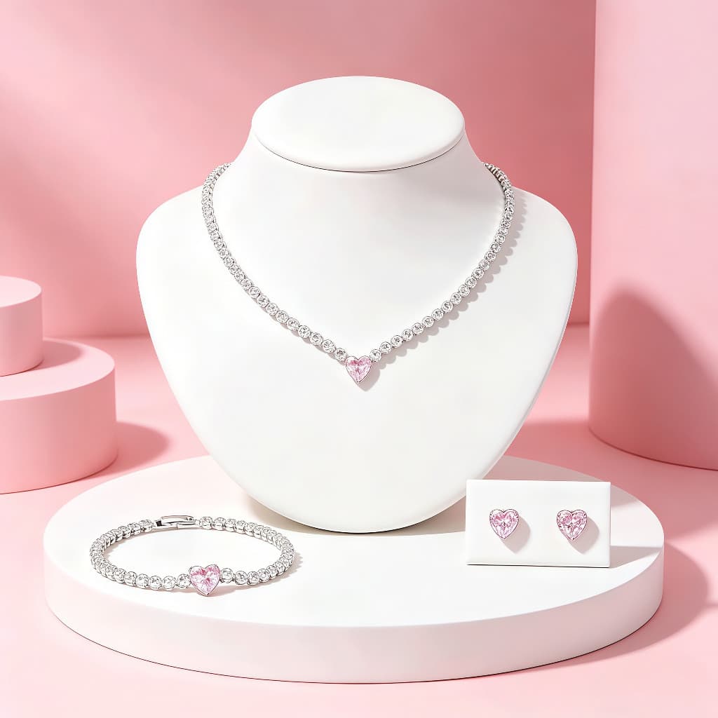 Conjunto de três peças em prata S925 com zircônia rosa em formato de coração (colar + pulseira + brincos) - Presente de