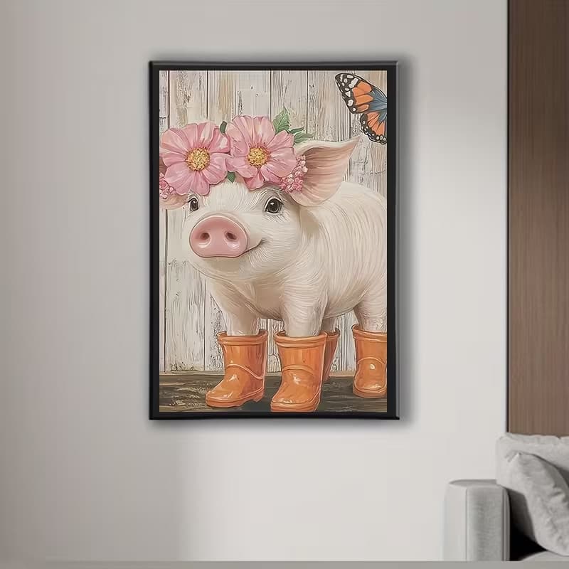 Quadro Decorativo Porquinho de Galochas e Flores