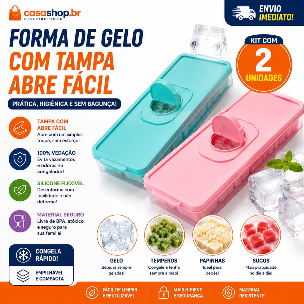 Kit Forma de Gelo com Tampa Enche Fácil Reutilizável para Freezer Ideal Para Temperos e Papinha