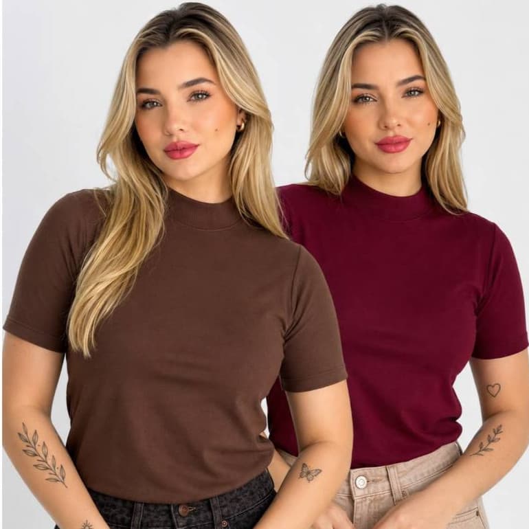 Kit 2 T-shirt Gola Alta Feminina Camiseta Básica Lisa 100% Algodão