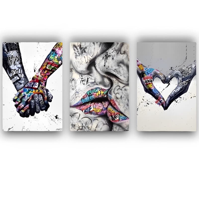 Quadro 3 peças  grafite beijos coração casal maos dadas decoração 20x30