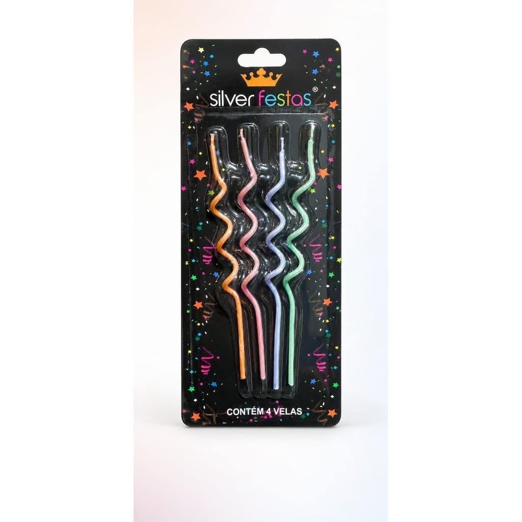 KIT Velas de Aniversario Palito Espiral Fina 14cm Colorida Candy 4UN Festa Colorida Bolo Pastel
