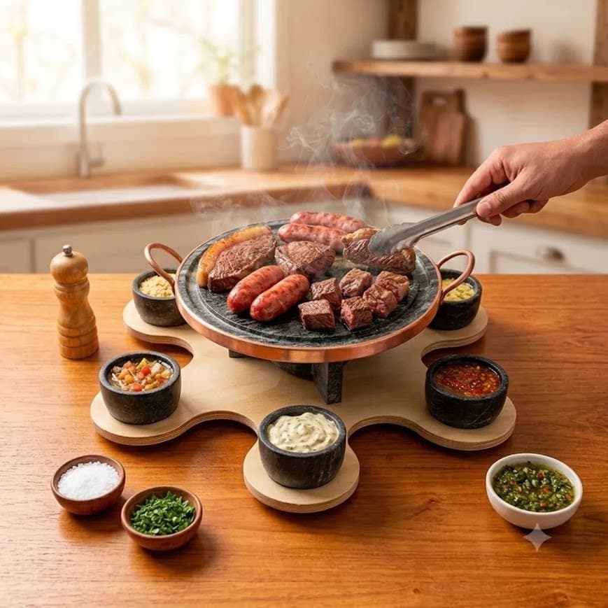 Fondue Pedra Sabão Giratório Grelha 27cm 6 Garfinhos Curado