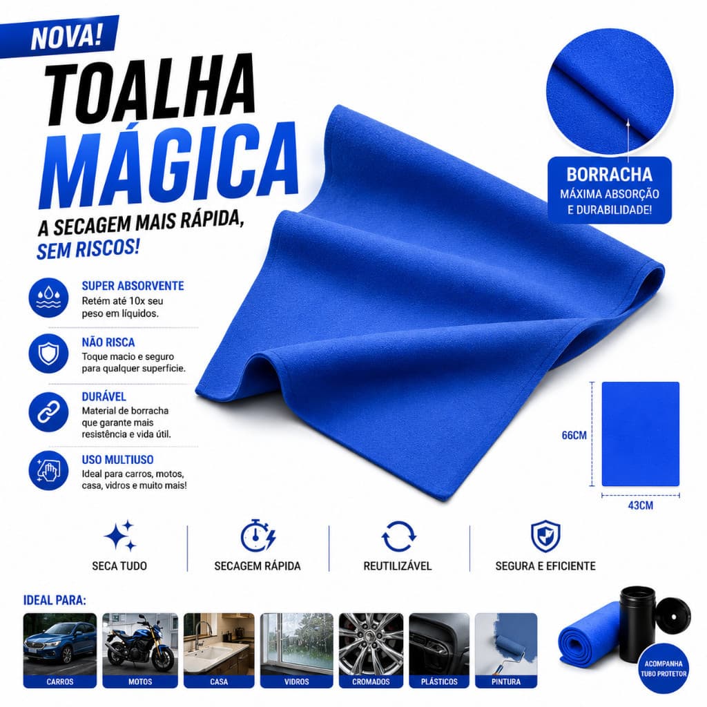 Toalha Mágica Super Absorção Seca Tudo 66x43cm Seca Água
