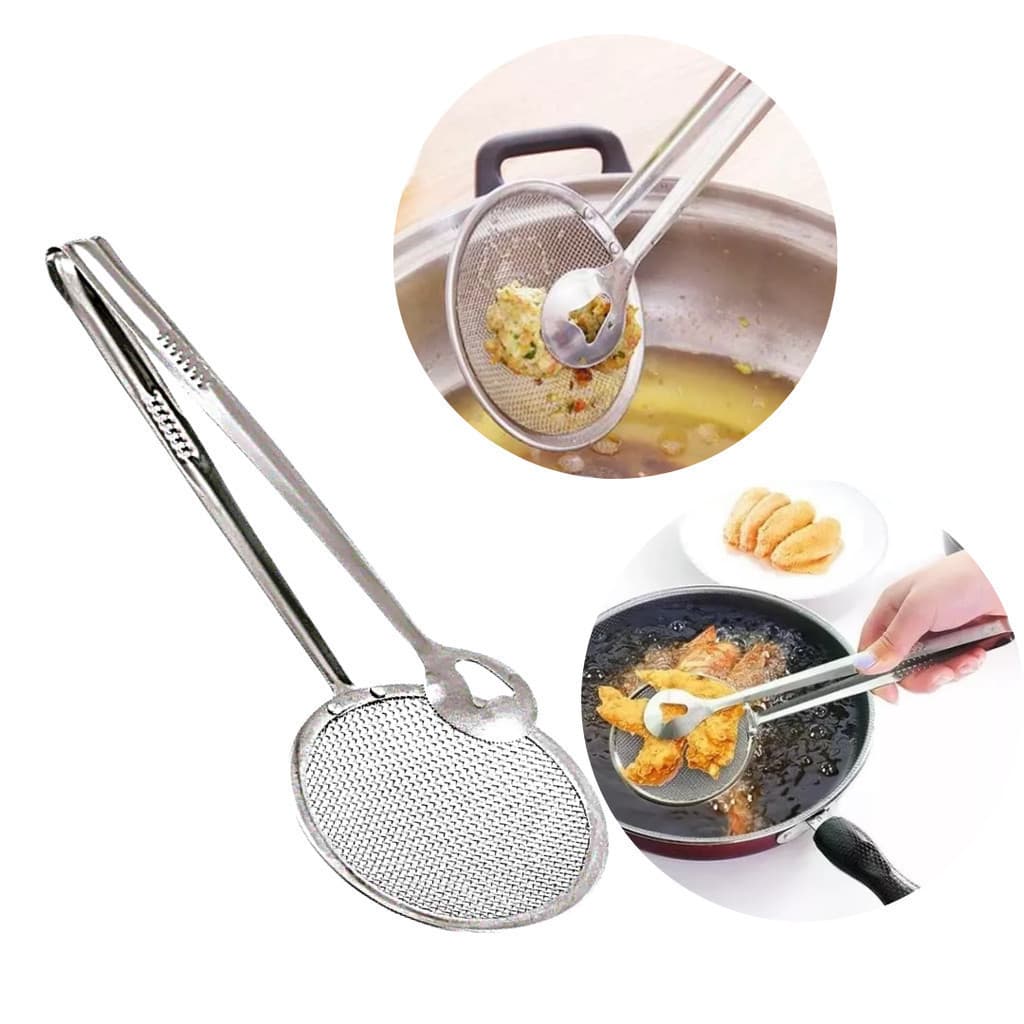 Pegador Escumadeira em Aço Inox com Pegador Fritura Saladas Churrasco Grelhados