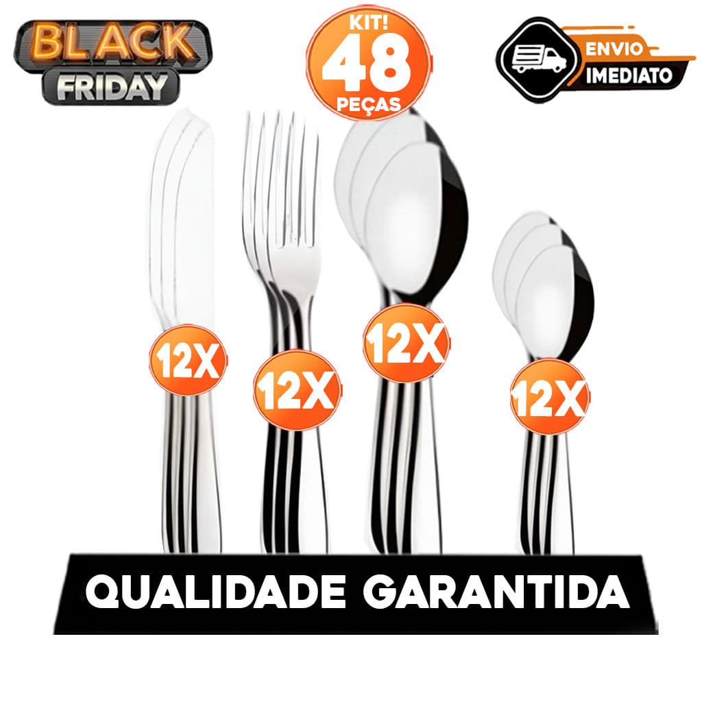 Jogo de Talheres 48 peças Aço Inox 12 Facas 12 Garfos de Mesa 12 Colheres e 12 Colheres de Sobremesa de Casa e Cozinha