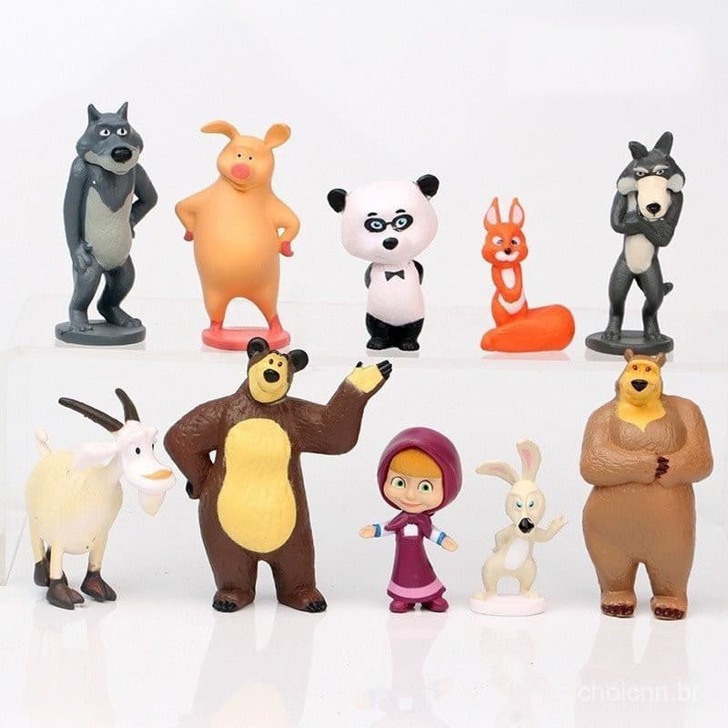 10 Peças/Conjunto 3-7cm Animação Fantasia Infantil Russa Masha e o Urso Coelho Porco Esquilo Cabra Lobo Má Grande Panda