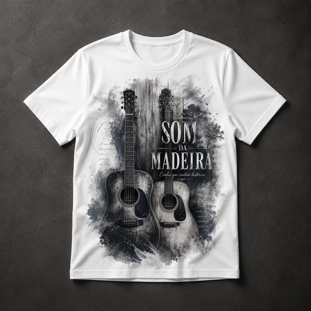 Camiseta Som da Madeira Cordas que Contam Histórias Violão Acústico Música