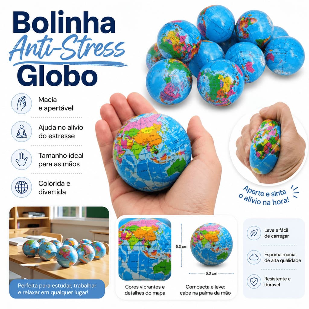 Bolinha Anti-Stress Globo Mapa Mundi Macia Apertável Squishy