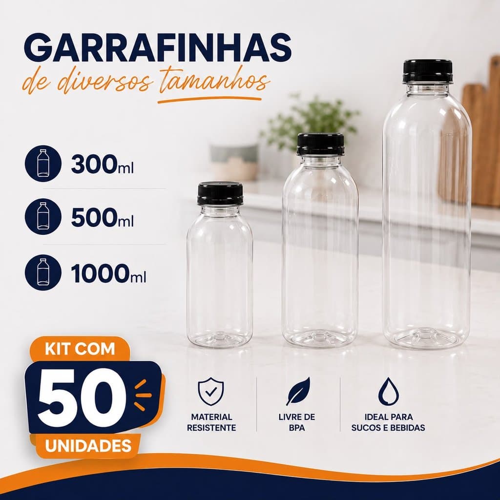 Kit 50 Garrafas Cilíndrica PET Tampinha Com Tampa Preta Lacre Redonda Sucos Açaí Detox 300ml 500ml 1L