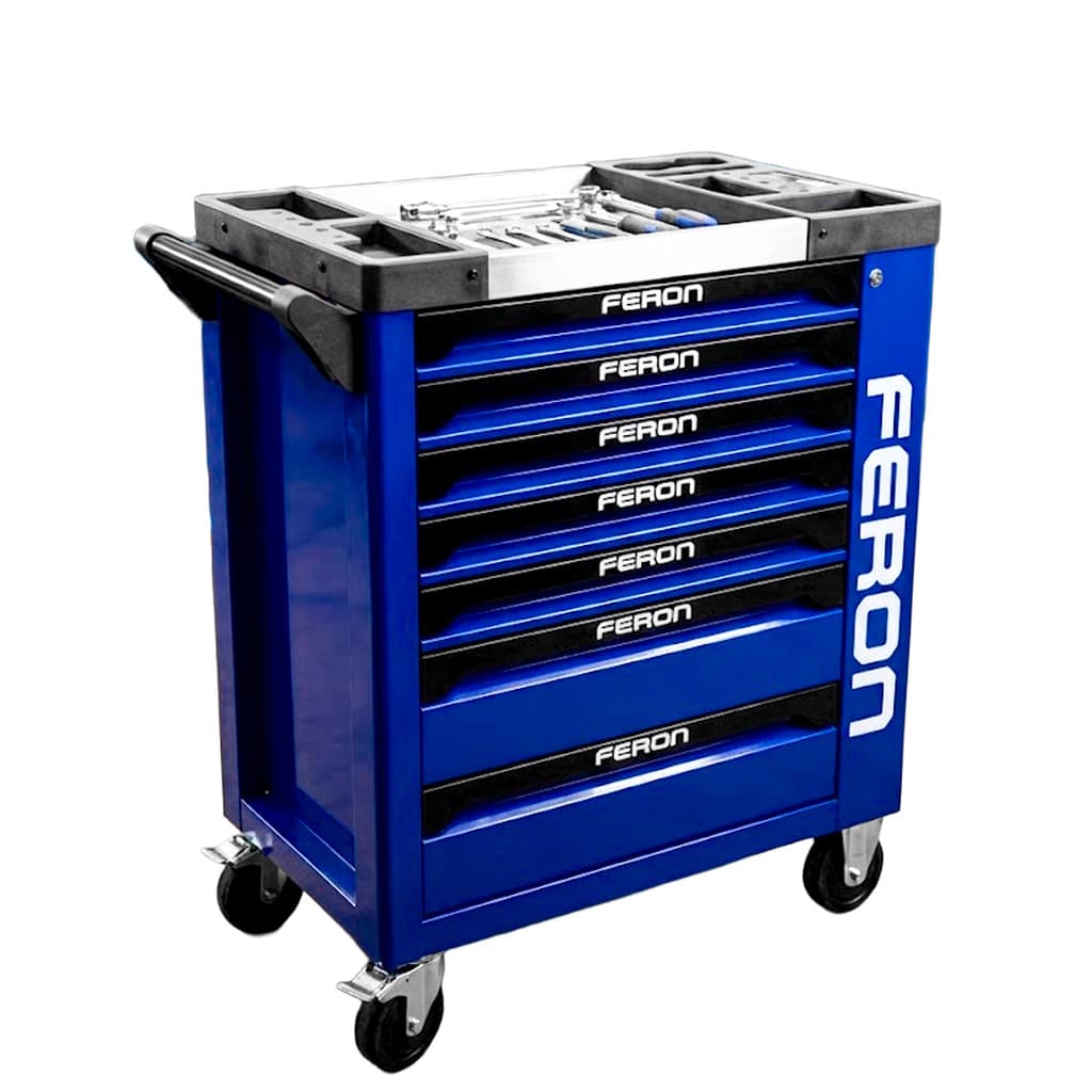 Carrinho Azul Para Ferramentas Fechado Com 7 Gavetas Tranca Para Oficinas Mecânicas Profissional Feron