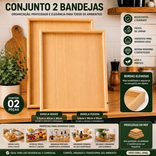 Conjunto Bandejas Retangular Madeira Natural Decoracao Servir Cafe Sala