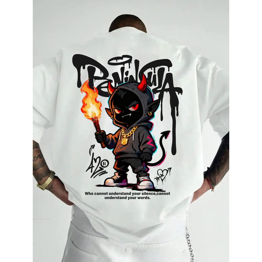 Camiseta Masculina Com Frase Inglês Devil Diabo de Capuz Estampa Grande Algodão Camisa Streetwear Unissex  Skate Rap