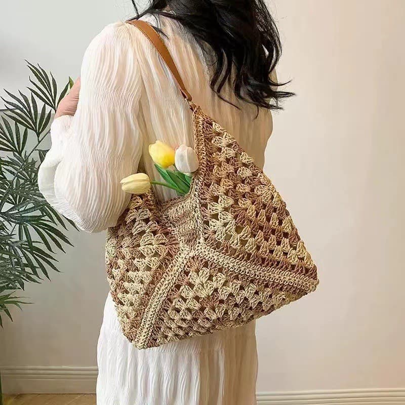 Bolsa de palha feminina de grande capacidade, nova bolsa de ombro em estilo chinês com blocos de cor, bolsa de verão par