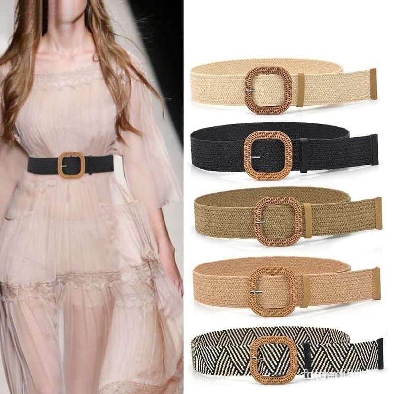 Cinto de Tecido Elástico Feminino para o Verão com Fivela Quadrada, Vestido de Palha Estilo Boêmio Vintage, Novo Modelo