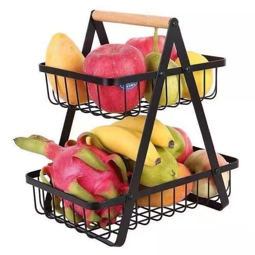 Fruteira Metal 2 Andares Organizador Cozinha Sala Multiuso Alça Madeira Resistente