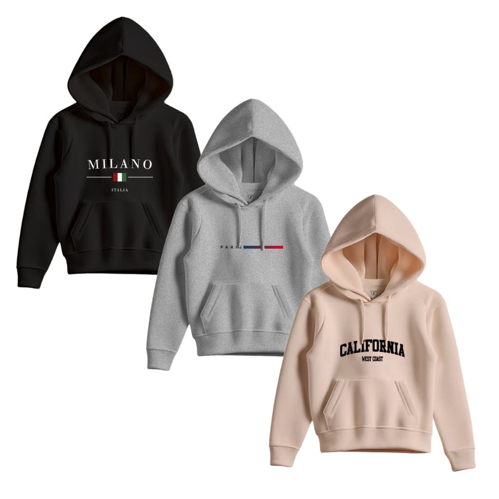 Kit 3 Moletom Canguru Masculino Milano Paris California Infantil Feminino Blusa De Frio 100% Algodão