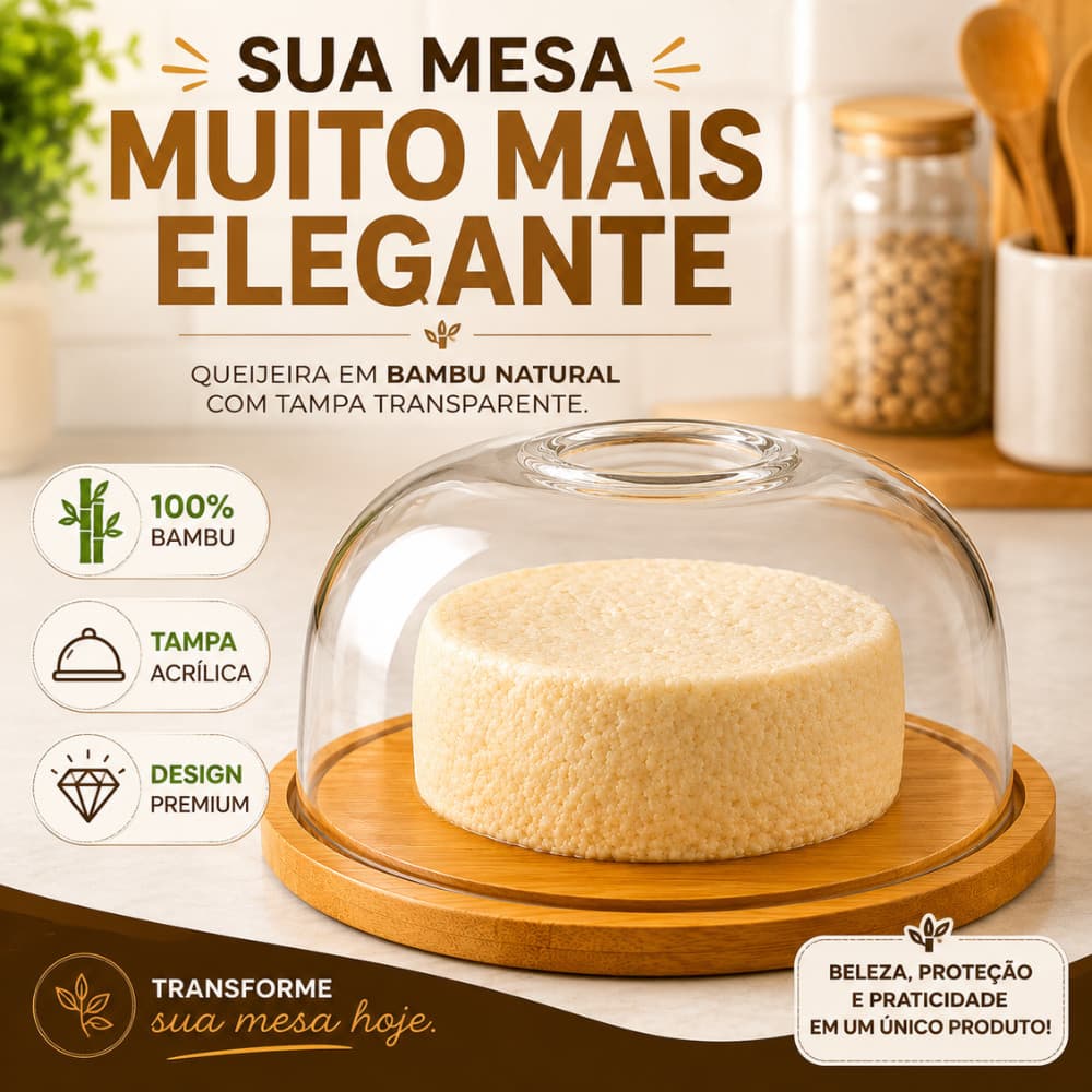 Porta Queijo Queijeira Bambu Com Tampa 18cm X 8cm Em Acrílico Mesa Posta