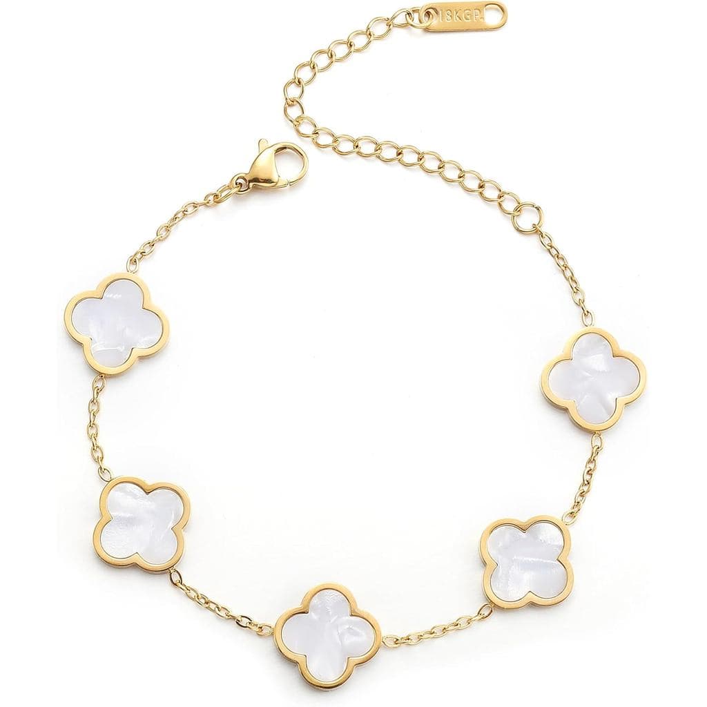 Pulseira da Sorte AIPPK Banhada a Ouro 18K para Mulheres // Pulseiras de Elos com Flor Vermelha/Verde e Quatro Folhas, J