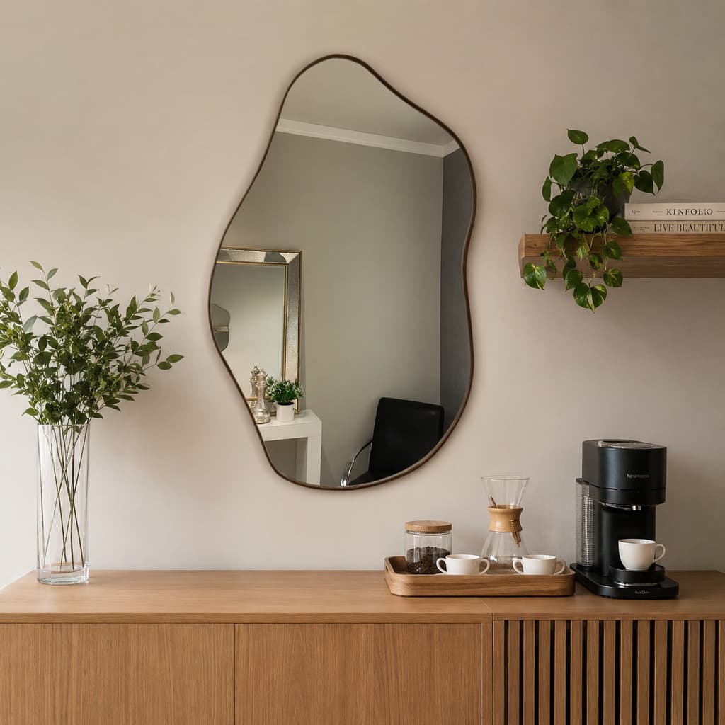 Espelho Pequeno Orgânico Decorativo Moldura Caramelo Couro Ecologico Moderno Sala Quarto Banheiro Closet Dubai A60 x L40