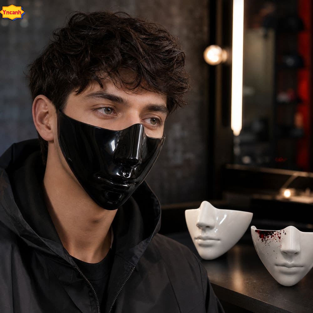 Rosto De Cosplay YNCANH , Preto Brilhante Esculpido Ajuste Meia Face , Máscara Leve De Concha