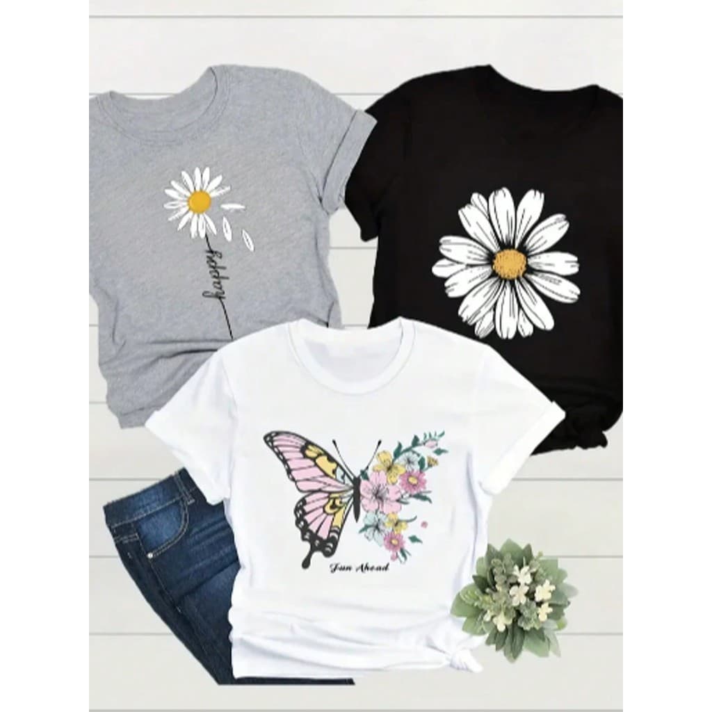 Kit 3 Tshirts blusas de algodão Camisetas Femininas Casuais com Estampa de Flores e Borboletas
