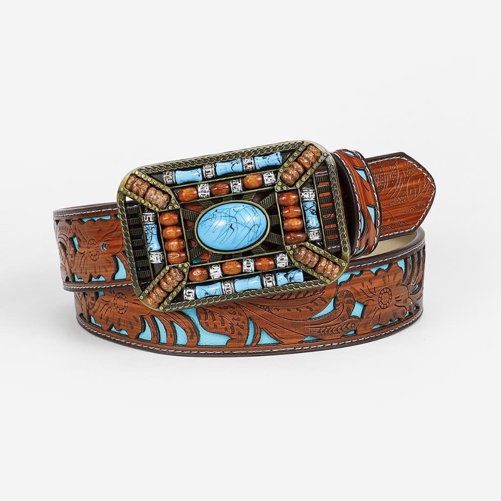 Cinto Feminino Estilo Country com Fivela de Couro Azul Turquesa JJLV U8GC