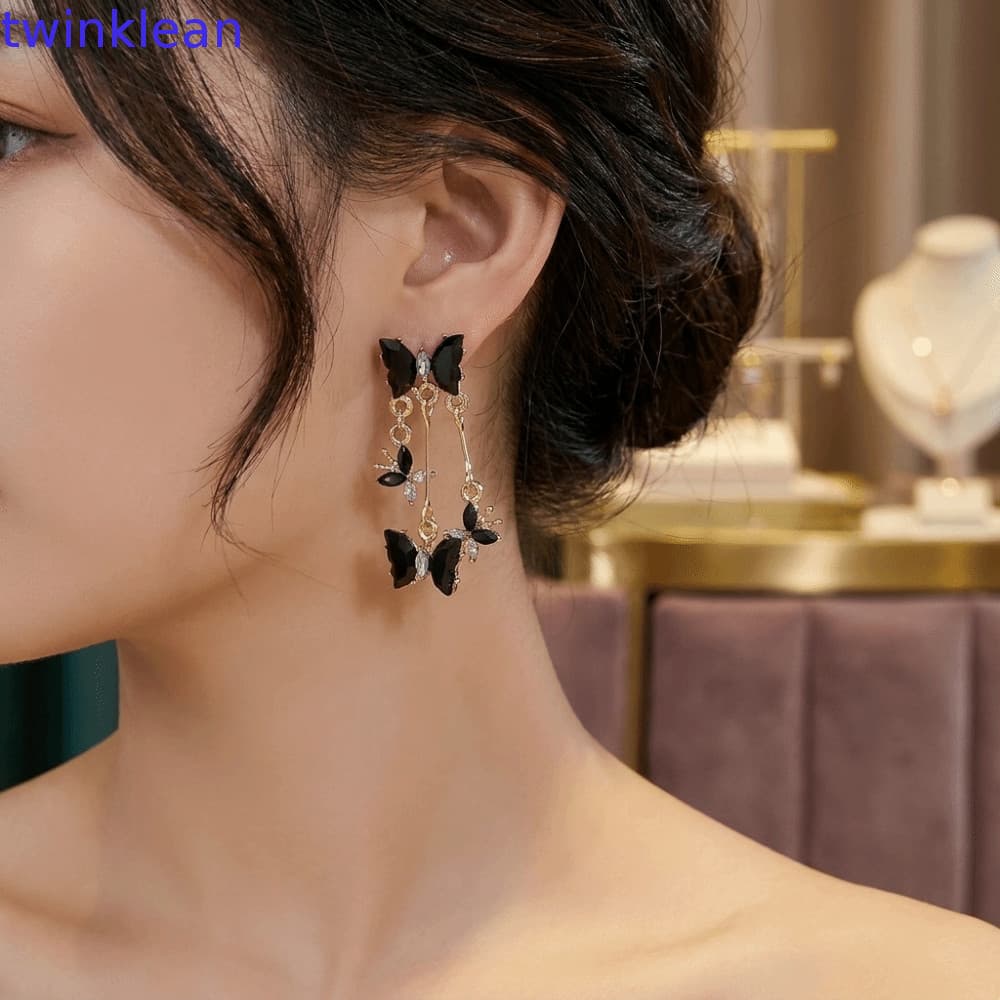 Brincos Com Pingente De Borboleta TWINKLEAN , De Borla De Cristal Preto Strass Brilhante , Leves