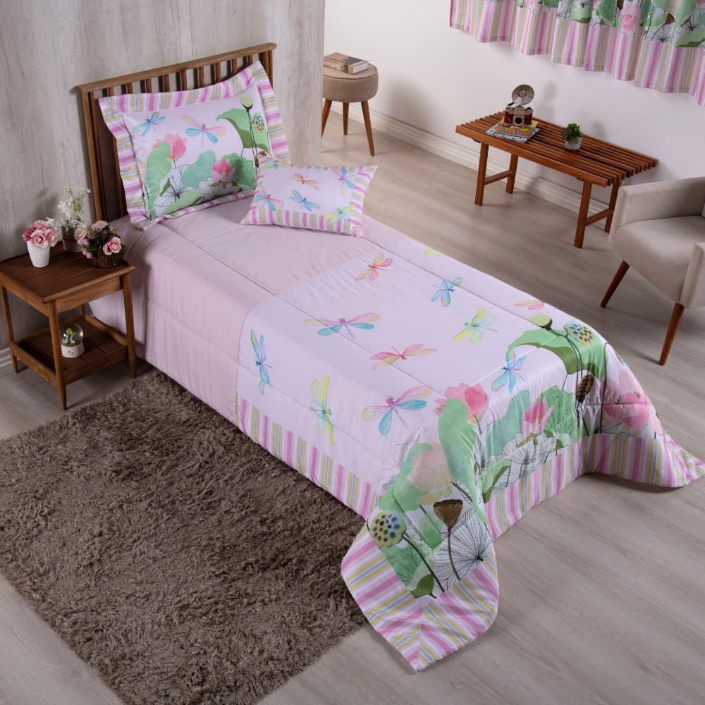 Kit Edredom Infantil Luxo Estampa Digital 4 Peças Solteiro 100% Poliéster Micropercal 300