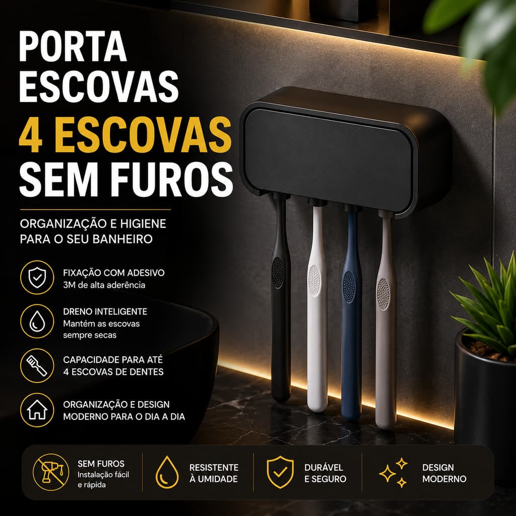 Organizador de Parede Porta Escovas de Dente Suporte Para 4 Escovas Fita Dupla Face Forte