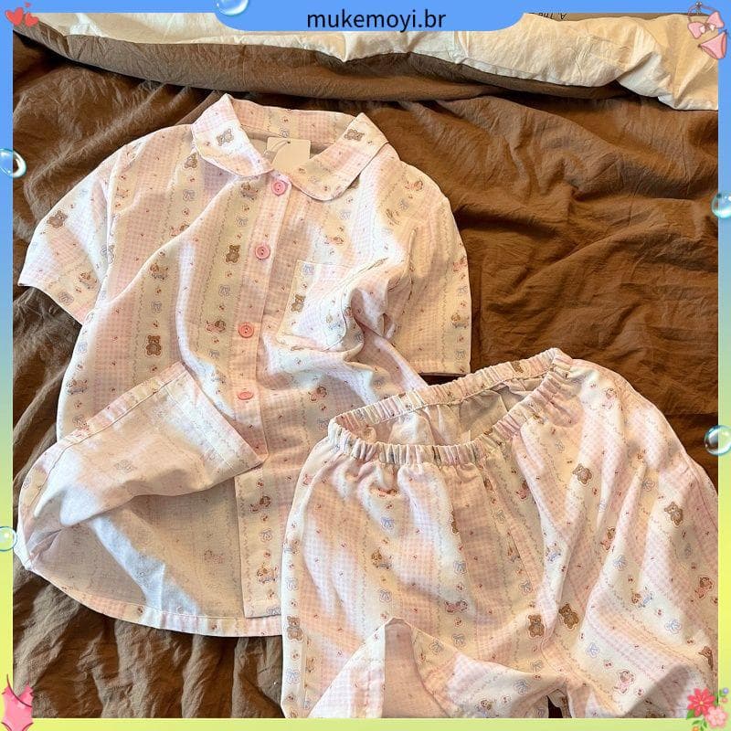 Loja venda quente doce xadrez dos desenhos animados nuvem algodão Cardigan pijamas feminino verão Shorts de manga curta