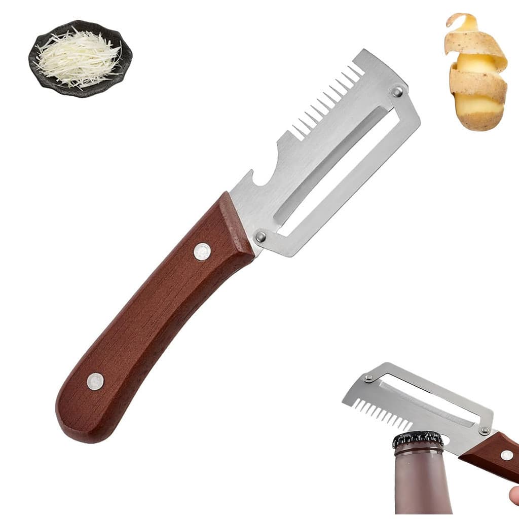 Descascador de Legumes com Cabo de Madeira e Abridor de Garrafas, Descascador Multifuncional para Cozinha Utensílio de
