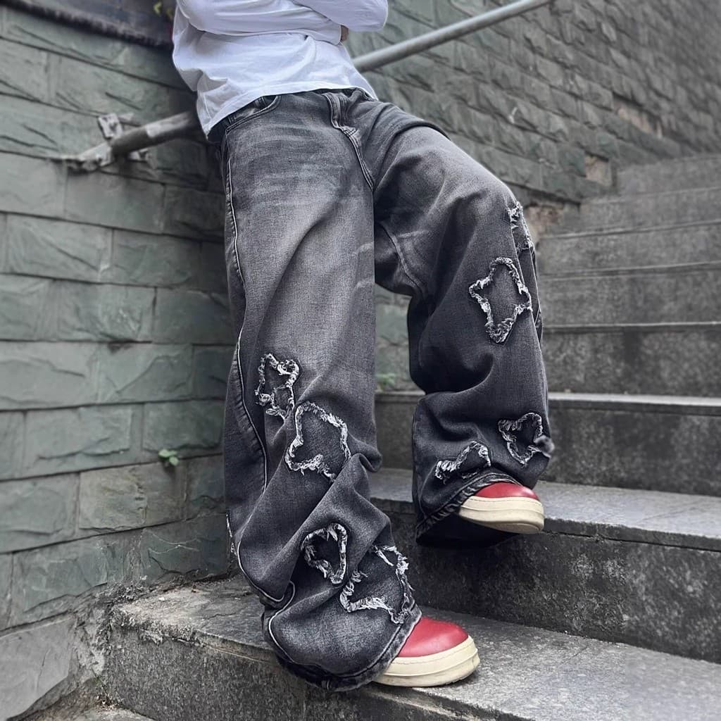 Star Patch Jeans Masculino Lavado Angustiado Solto Cintura Alta Calças Jeans Retas