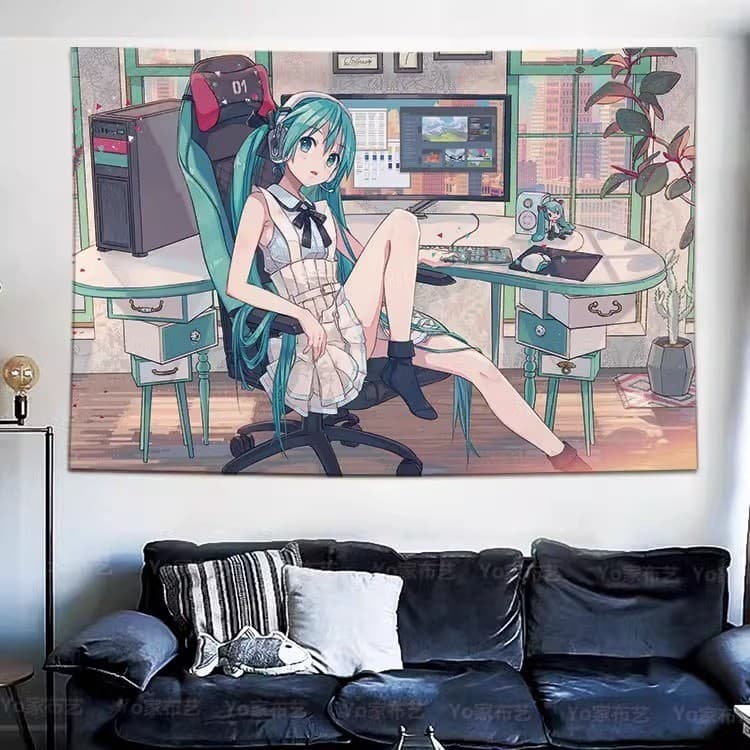 Tapeçaria Hatsune MIKU 200*150cm+6m - Decoração de Parede Anime para Quarto, Sala de Estar, Dormitório, Faixa Suspensa V