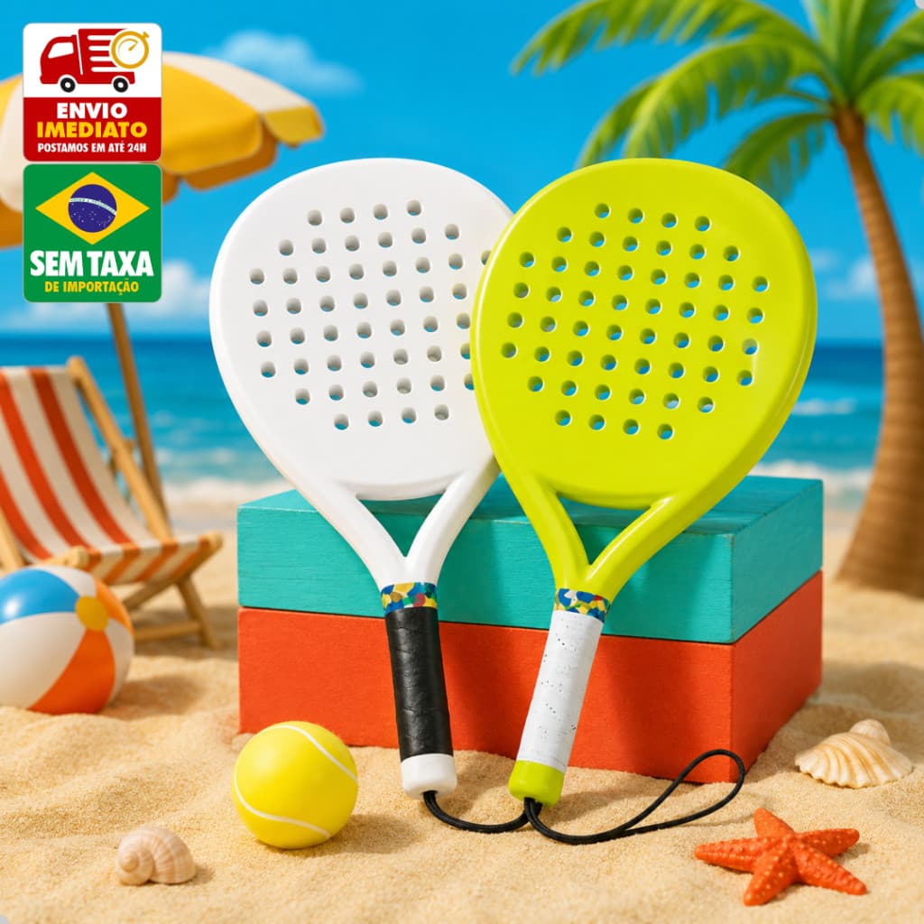 Kit 2 Raquetes e 1 Bolinha Frescobol Praia Beach Tennis Infantil Família Plástico 39cm