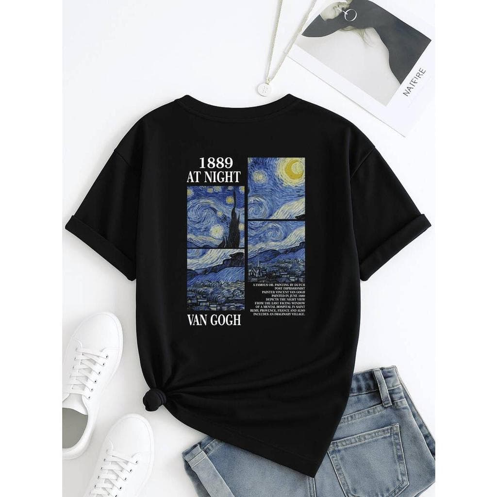 Camiseta feminina preta com estampa de noite estrelada Van Gogh, manga curta regular, gola redonda, comprimento regular
