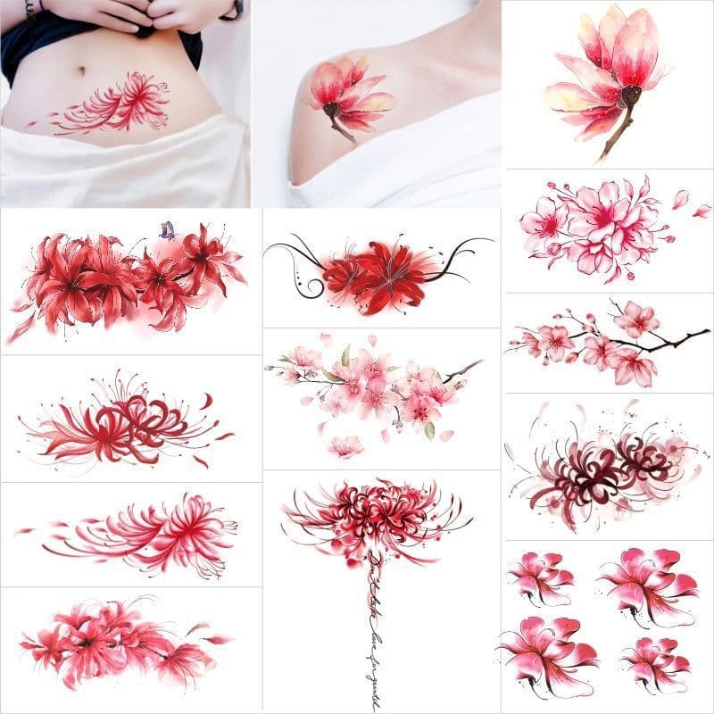 Adesivos de tatuagem personalizados à prova d'água e de longa duração com desenhos de lírios, flores, flores de cerejeir